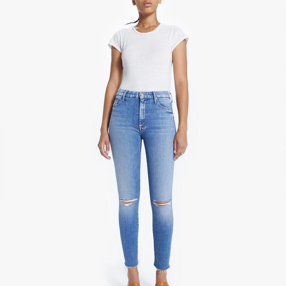 MOTHER Denim - MOTHER Light Blue High-Rise Skinny Jeans with Knee Rips